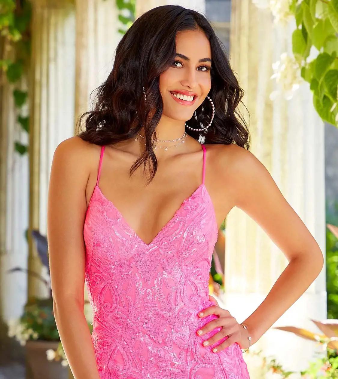 Model Wearing Pink Prom Dress